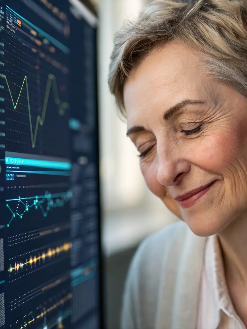 A split image showing data analysis on one side and a caring human face on the other, symbolizing the blend of technology and empathy at TraumaTech.