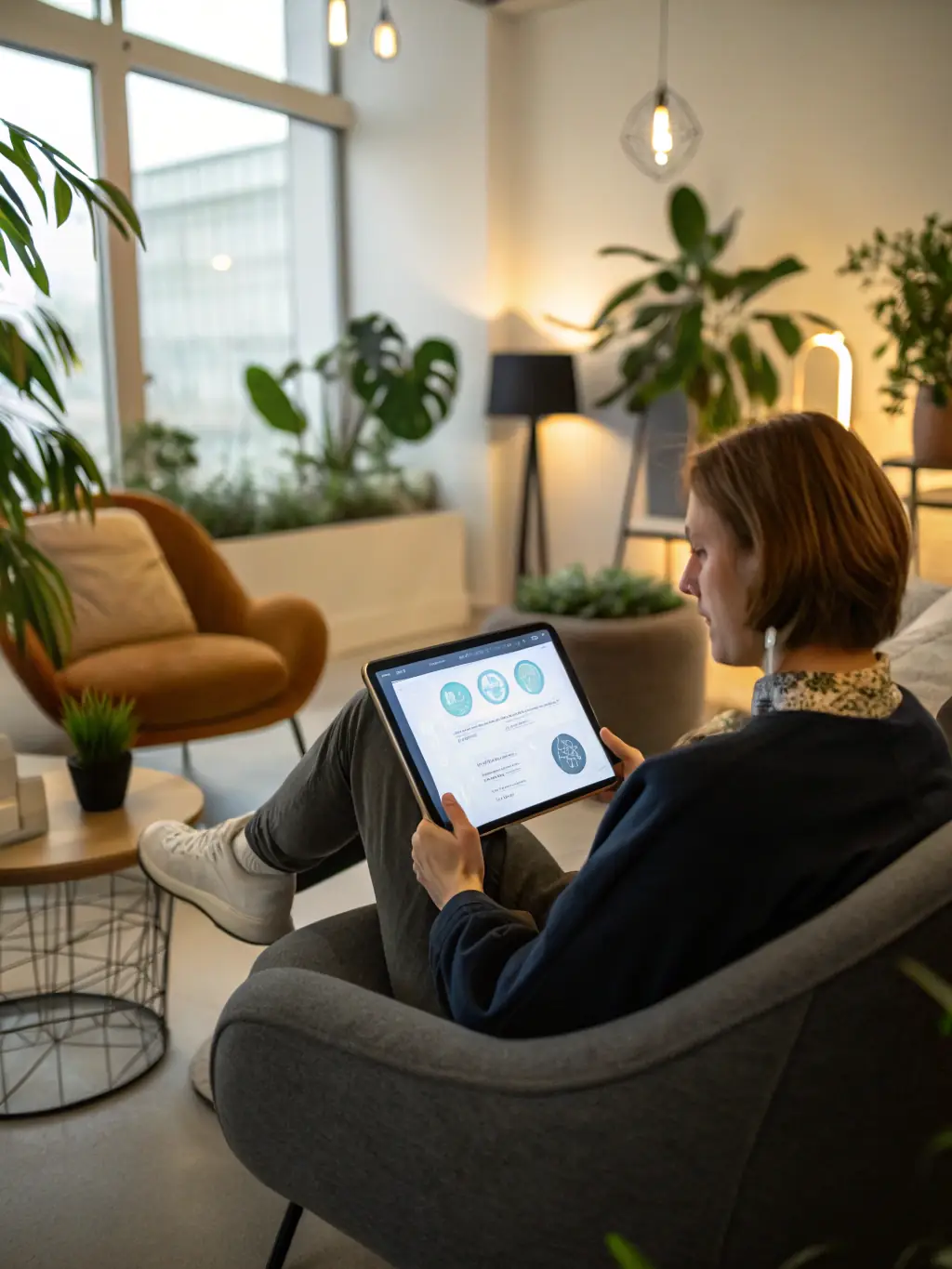 A person using a tablet with a calming, supportive AI interface displayed, in a modern, comfortable office setting. This represents the AI-integrated tools used by TraumaTech.