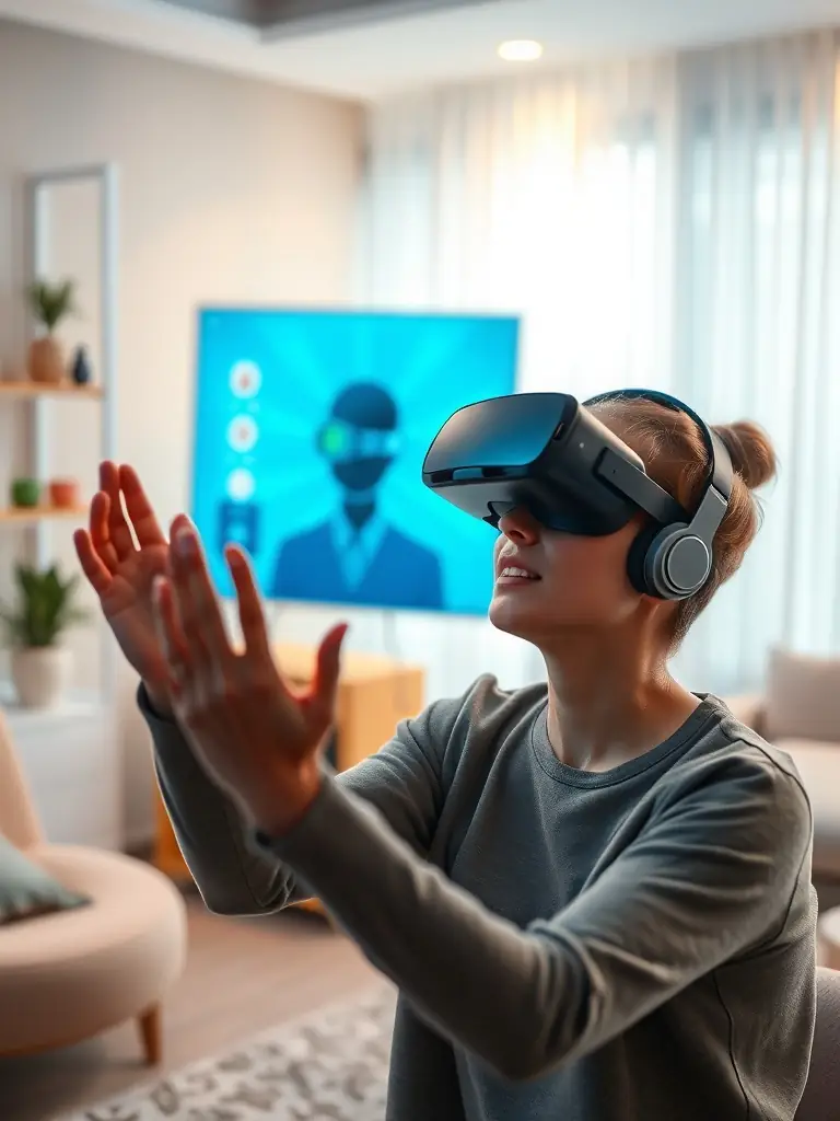 A person using a VR headset in a therapy session, simulating a calming environment to manage anxiety and promote relaxation, representing TraumaTech's VR therapy program.