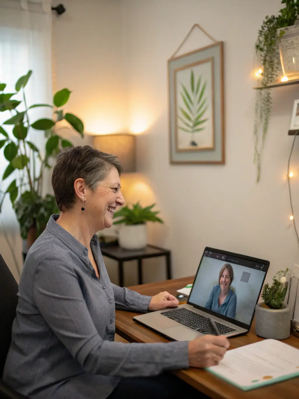 A therapist guiding a client through an AI-driven assessment on a tablet, showcasing TraumaTech's personalized approach to trauma recovery.