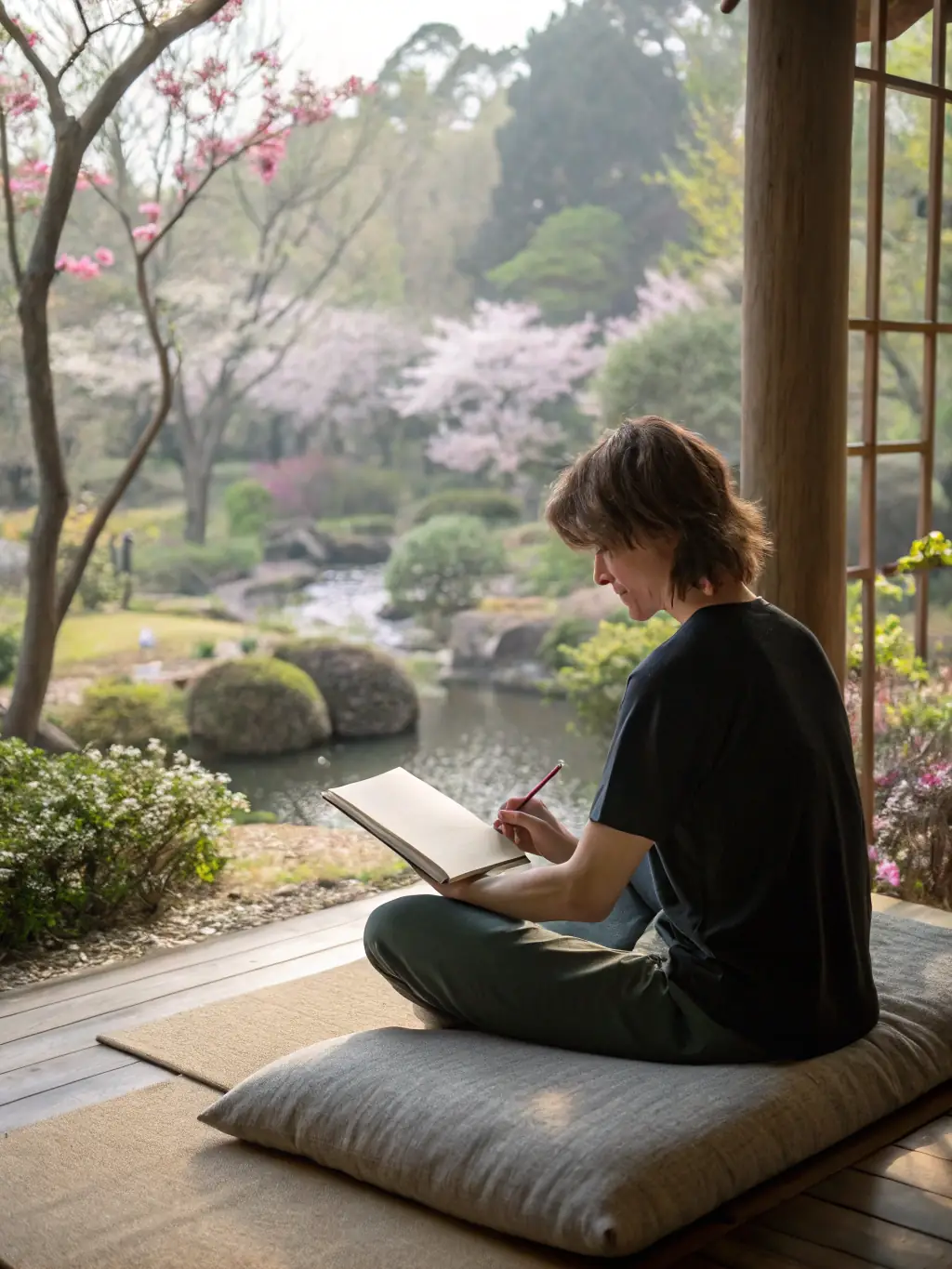A person practicing mindfulness meditation with the aid of a biofeedback device, illustrating TraumaTech's integration of technology with traditional healing methods.