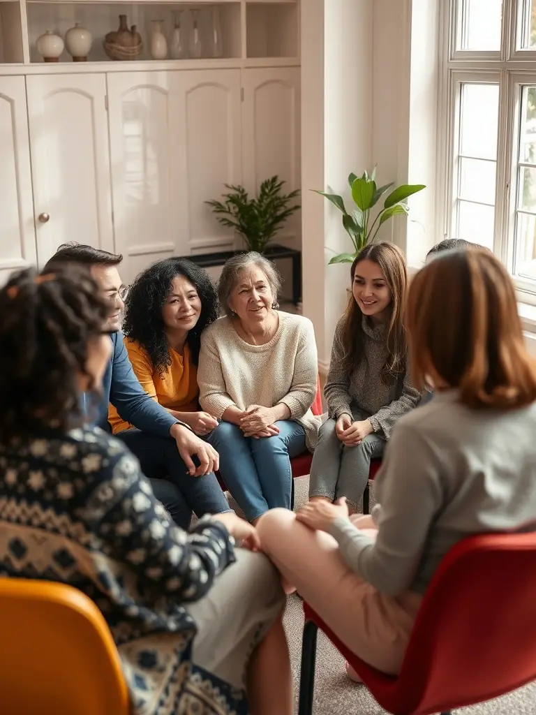 A group of people participating in a trauma support group, facilitated by a trained professional, highlighting TraumaTech's community support services.